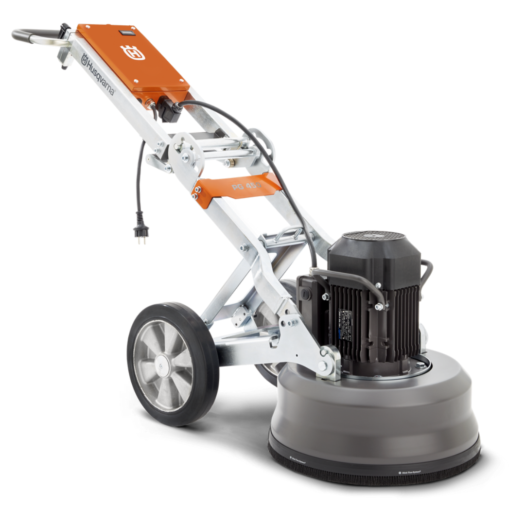 Side view of the Husqvarna PG450 Floor Grinder, ideal for concrete grinder hire projects, showcasing its compact design and planetary drive system.