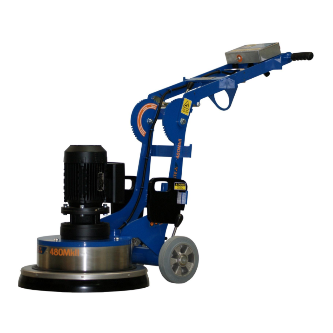 Side view of the Satellite 450 Floor Grinder, showcasing its compact design and powerful grinding capability for concrete grinder hire projects.